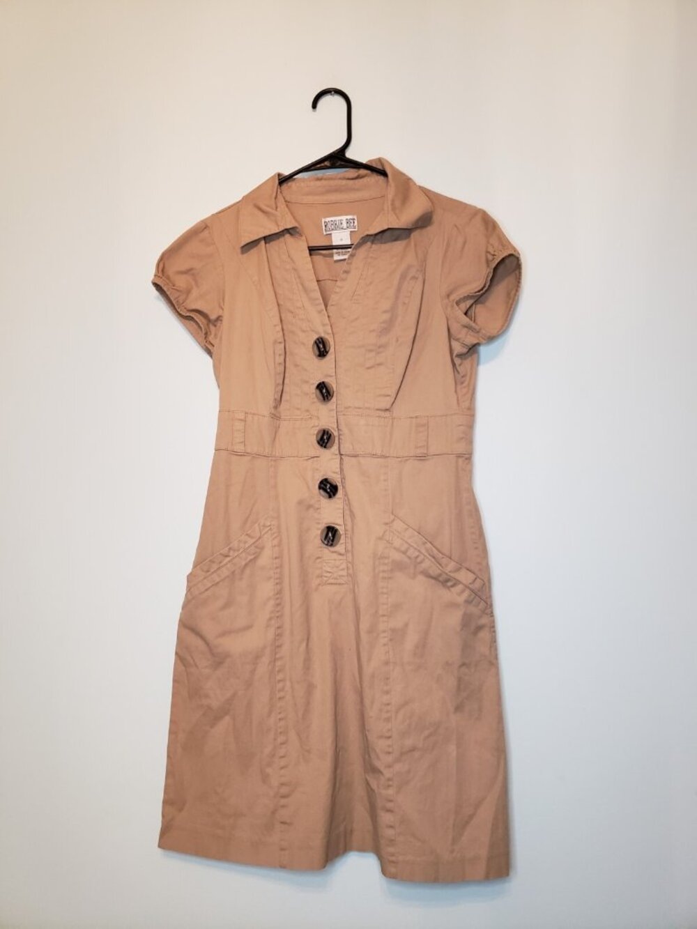 Robbie Bee Women 6 Mini Dress Buttons Short Sleeve Khaki Tan Light Academia